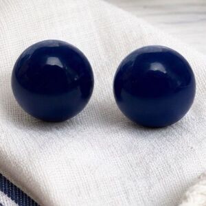 Vintage Cobalt Blue Button Stud Earrings Oversized Resin Dome 80s Retro